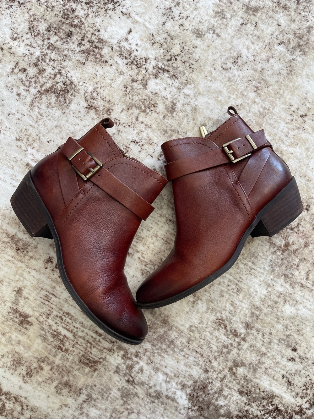 Vince Camuto Cognac Brown Leather Ankle Booties with Buckle
